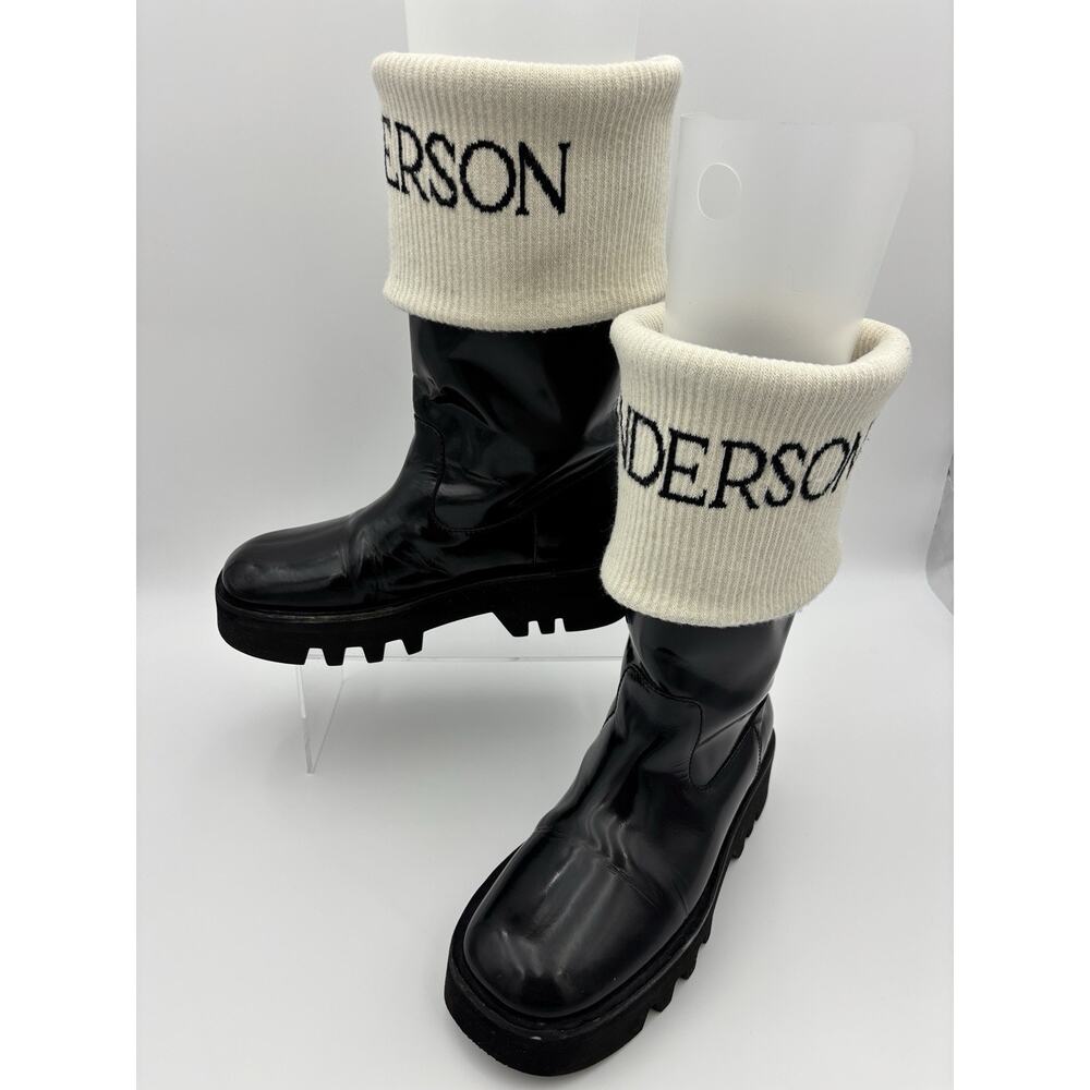 JW Anderson Logo Fisherman Boots Black Patent Leather White Sock Size 39 / 9